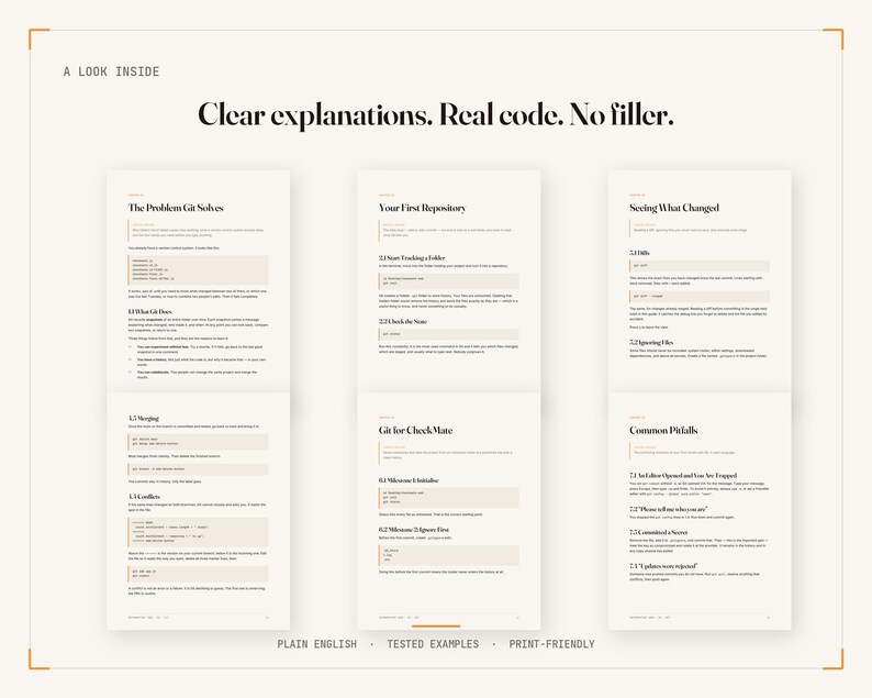 May include: A digital preview of a technical book featuring six pages with black text on a cream background. The header reads A LOOK INSIDE and Clear explanations. Real code. No filler. The pages contain headings like The Problem Git Solves, Your First Repository, Seeing What Changed, and Common Pitfalls, with code snippets and instructional text.