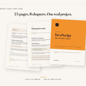 May include: A digital PDF guide titled JavaScript Quick Start Guide with 24 pages, 8 chapters, and one real project. The document features an orange cover page with the text JavaScript Make CheckMate respond and two interior pages with code snippets.
