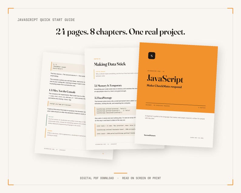 May include: A digital PDF guide titled JavaScript Quick Start Guide with 24 pages, 8 chapters, and one real project. The document features an orange cover page with the text JavaScript Make CheckMate respond and two interior pages with code snippets.