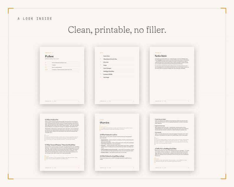 May include: Six pages of a digital document displayed in a grid layout. The text at the top reads A LOOK INSIDE and Clean, printable, no filler. The pages contain black text on a white background with headings like Python, Series Intro, and Overview.