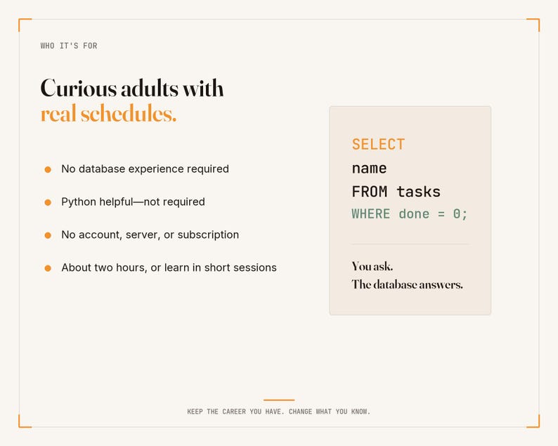 May include: An educational graphic with the heading Who It's For and Curious adults with real schedules. It lists requirements including no database experience, Python knowledge, or subscriptions needed. A code snippet shows SELECT name FROM tasks WHERE done = 0.
