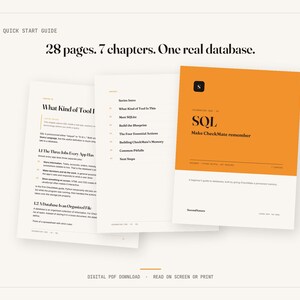 May include: A digital SQL quick start guide featuring 28 pages and 7 chapters. The document includes a bright orange cover with the text SQL Make CheckMate remember, alongside internal pages displaying chapter titles and technical information.