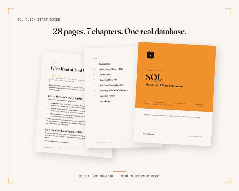 May include: A digital SQL quick start guide featuring 28 pages and 7 chapters. The document includes a bright orange cover with the text SQL Make CheckMate remember, alongside internal pages displaying chapter titles and technical information.