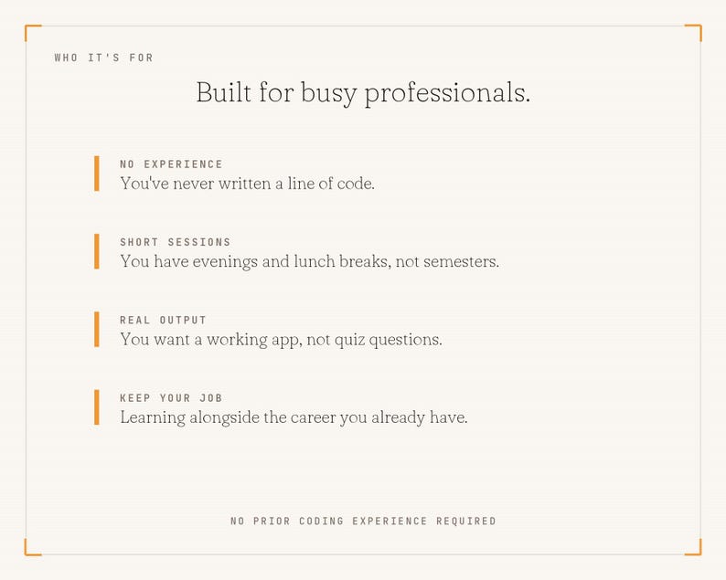May include: A white informational graphic with black text titled Who It's For: Built for busy professionals. It lists four points: No Experience, Short Sessions, Real Output, and Keep Your Job, with descriptions for each and No Prior Coding Experience Required at the bottom.