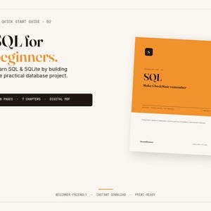 May include: A digital PDF guide titled SQL for beginners, featuring 28 pages and 7 chapters. The cover is orange and white with the text SQL and Make CheckMate remember. The document provides a quick start guide for learning SQL and SQLite.