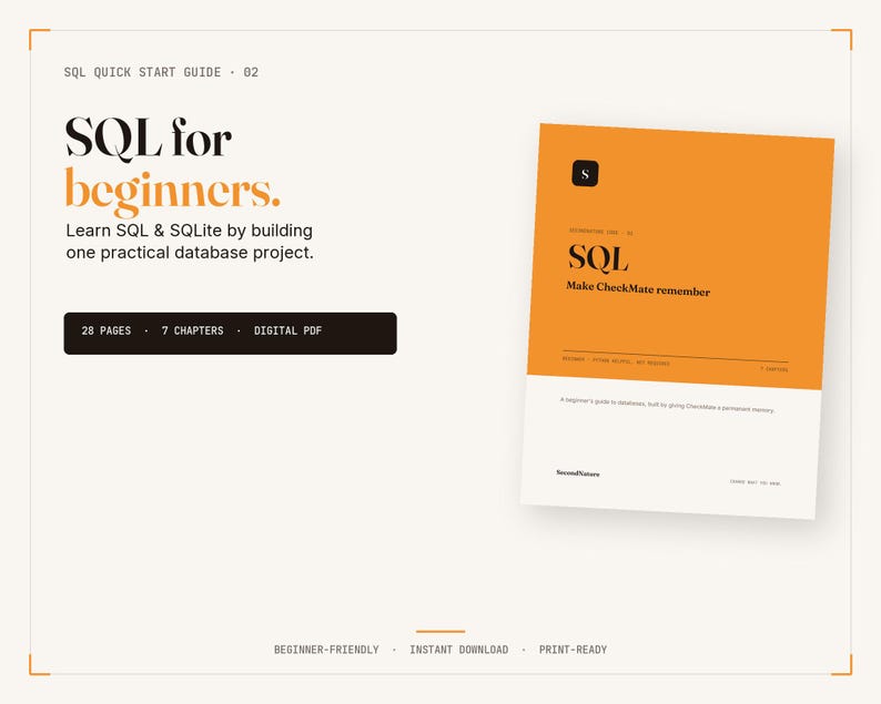 May include: A digital PDF guide titled SQL for beginners, featuring 28 pages and 7 chapters. The cover is orange and white with the text SQL and Make CheckMate remember. The document provides a quick start guide for learning SQL and SQLite.