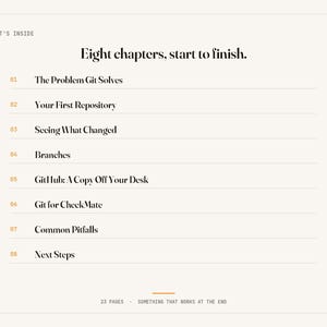 May include: A table of contents page titled What's Inside with the heading Eight chapters, start to finish. It lists eight numbered chapters: The Problem Git Solves, Your First Repository, Seeing What Changed, Branches, GitHub: A Copy Off Your Desk, Git for CheckMate, Common Pitfalls, and Next Steps.