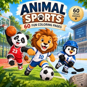 May include: A coloring book cover titled ANIMAL SPORTS 60 FUN COLORING PAGES featuring a panda in a red basketball jersey, a lion in a white and blue soccer uniform, and a penguin in a blue hockey outfit. Includes 60 UNIQUE ANIMALS text.