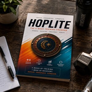 May include: A training program book titled HOPLITE THE 5-WEEK TRAINING PROGRAM with a central circular emblem featuring a laurel and star. The cover has orange and blue diagonal accents, text reading TRAIN, PROGRESS, CONQUER, and 4 WEEKS OF TRAINING, 1 WEEK OF RECOVERY.