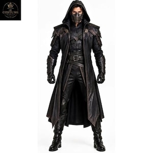 May include: A dark brown and black leather-style costume featuring a long hooded coat with structured shoulders, a matching belt, fitted trousers, gauntlets, and boots. The ensemble includes a metallic-toned face mask covering the lower face.