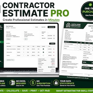 May include: A laptop screen displaying the Contractor Estimate Pro software interface with a new estimate form, alongside a printed estimate document from Austin Home Renovations. The software features a dark green and white color scheme with text.