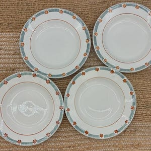Set of 4 Ceranord French Faience Plates – Rust Orange Flowers with Green Striped Borders