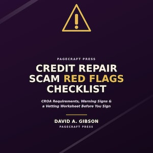 Könnte beinhalten: Ein dunkelviolettes Buchcover mit dem Titel Credit Repair Scam Red Flags Checklist von David A. Gibson. Es zeigt ein gelbes Warndreieck-Symbol, den Text Know Your Rights Series, Pagecraft Press und Know Before You Pay am unteren Rand.