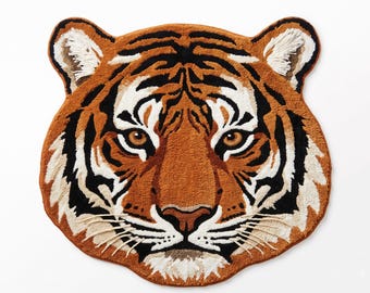 Hand Tufted Tiger Face Rug, Wild Animal Decor, Safari Statement Carpet, Handmade Wool