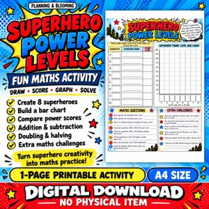Puede incluir: Una hoja de actividades matemáticas imprimible titulada Superhero Power Levels con un diseño de cómic. La página incluye una tabla para ocho personajes, un gráfico de barras, preguntas y desafíos. Es una descarga digital en tamaño A4.