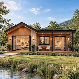 May include: A single-storey house with vertical wood cladding, a stone feature wall, and a black metal roof. The exterior includes a covered veranda with two chairs, large glass folding doors opening to a living area, and a bedroom with a bed.