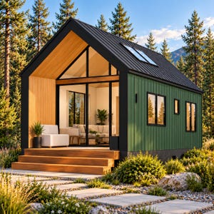 Op de afbeelding: Een kleine hut met een zwart metalen dak, groene verticale gevelbekleding en een houten veranda met treden. De structuur heeft grote glazen schuifdeuren, een lichthouten plafond aan de binnenkant en een dakraam, tegen een bosrijke achtergrond.