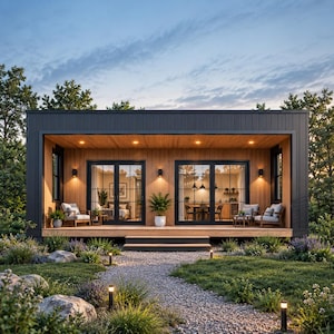 May include: A modern rectangular cabin with dark charcoal exterior cladding and light wood panelling on the recessed porch. The structure features two large glass sliding doors with black frames, integrated ceiling lighting, and outdoor seating.