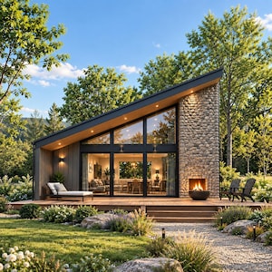 May include: A modern cabin with a slanted roof, large glass windows, and a stone chimney featuring an outdoor fireplace. The structure includes a wooden deck with a lounge chair, two dark chairs, and a gravel path leading to the entrance.
