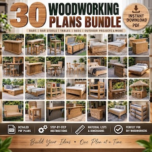May include: A digital bundle of 30 woodworking plans featuring various wooden furniture projects like bars, stools, tables, and beds. The image displays numerous photos of finished wooden structures, text labels, and icons for PDF downloads.