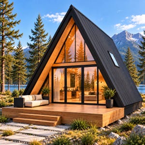 Puede incluir: Una cabaña moderna en forma de A con techo de metal negro y grandes ventanales. La estructura cuenta con una terraza de madera con un sofá beige y una planta en maceta. El interior es visible a través del cristal, mostrando cocina y salón.