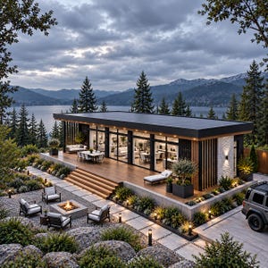 May include: A modern single-story house with a flat roof, large glass windows, and a wooden deck overlooking a lake and mountains. The exterior features white stone and dark wood accents. A fire pit area with four chairs sits on a gravel patio.