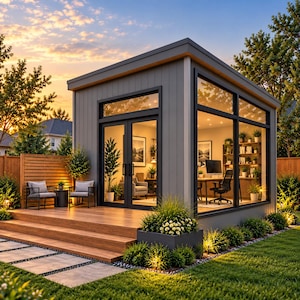 Può includere: Un moderno studio da giardino con rivestimento verticale grigio, ampie vetrate e doppie porte. La struttura presenta una terrazza in legno con due sedie, un tavolino e una fioriera. All'interno sono visibili una scrivania e degli scaffali.