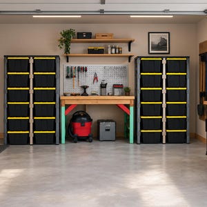 May include: Two tall storage shelving units with black bins and yellow lids, flanking a wooden workbench with a pegboard back. The workbench has green and red legs, a red shop vacuum, and a gray tool chest underneath, with wall-mounted shelves above.