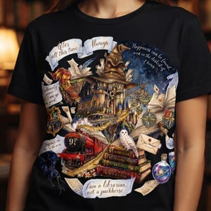 May include: A black t-shirt featuring a detailed, colorful graphic print of a wizarding school, a steam train, a snowy owl, stacked books, and a sorting hat. The design includes text elements such as "After all this time? Always," and "I am a librarian, not a packhorse," along with other literary-themed illustrations.
