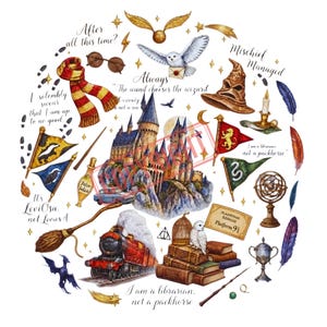 May include: A circular watercolor illustration featuring a castle, a red steam train, a snowy owl, a sorting hat, a striped scarf, round glasses, a broomstick, a golden snitch, house flags, books, a wand, and various quotes including Mischief Managed.