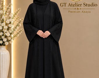 Abaya nera con perline, realizzata negli Emirati Arabi Uniti, abito per l'Umrah del Ramadan, tessuto Nida, abito lungo e modesto.