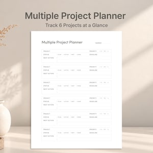 May include: A white Multiple Project Planner sheet with dark gray text, designed to track six projects. The layout includes fields for project name, status, priority, deadline, and next action. The header reads Multiple Project Planner.