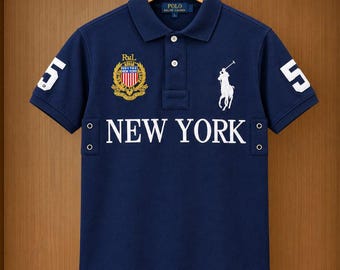 80年代風 イエロー、ネイビーブルー ストライプ ポロシャツ (Mサイズ