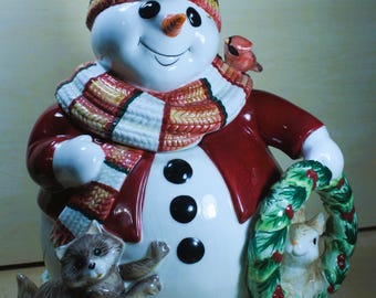 Fitz and Floyd Christmas Cookie Jar "Woodland Snowman"