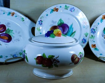 Complete Serving Set of Fruit Design Platter, Covered Bowl, and Plates