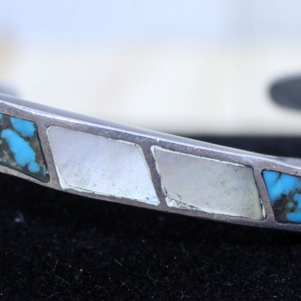 Sterling Silver Cuff Bracelet Inlaid Turquoise, Mother of Pearl, Onyx Semi-Precious Stones