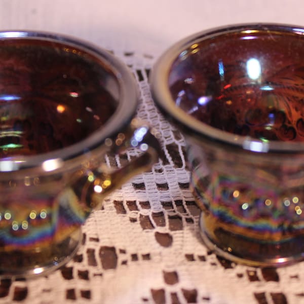 MOMSDAY SALE 20% OFF          Salt Cellars Set of Two Purple Carnival Glass Tea Cup with Cherry Design