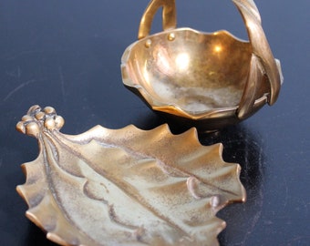 Brass Small Holly Leaf Dish with Brass Basket, Made in Hampton, Virginia