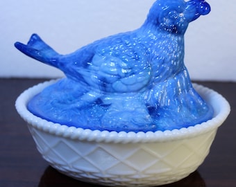 MOMSDAY SALE 20% OFF     Vintage Westmoreland Blue Slag Glass Chicken on White Milk Glass Nest