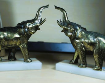 Marble Based Brass Elephant Bookends