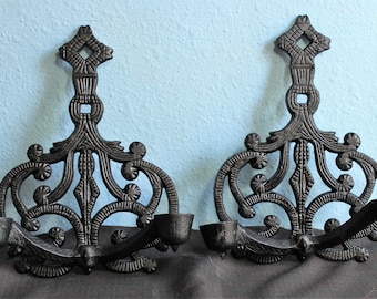 SALE30PERCENT...Antique Cast Iron Double Candle Sconces: Wall Hanging Trivets, 1949