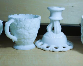 Milk Glass Candlesticks, Rose Pattern Creamer and Sugar Bowl