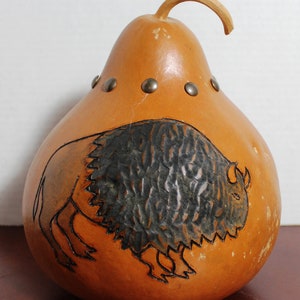 20Percent Off   Hand Carved Stained and Painted Buffalo on Gourd Signed