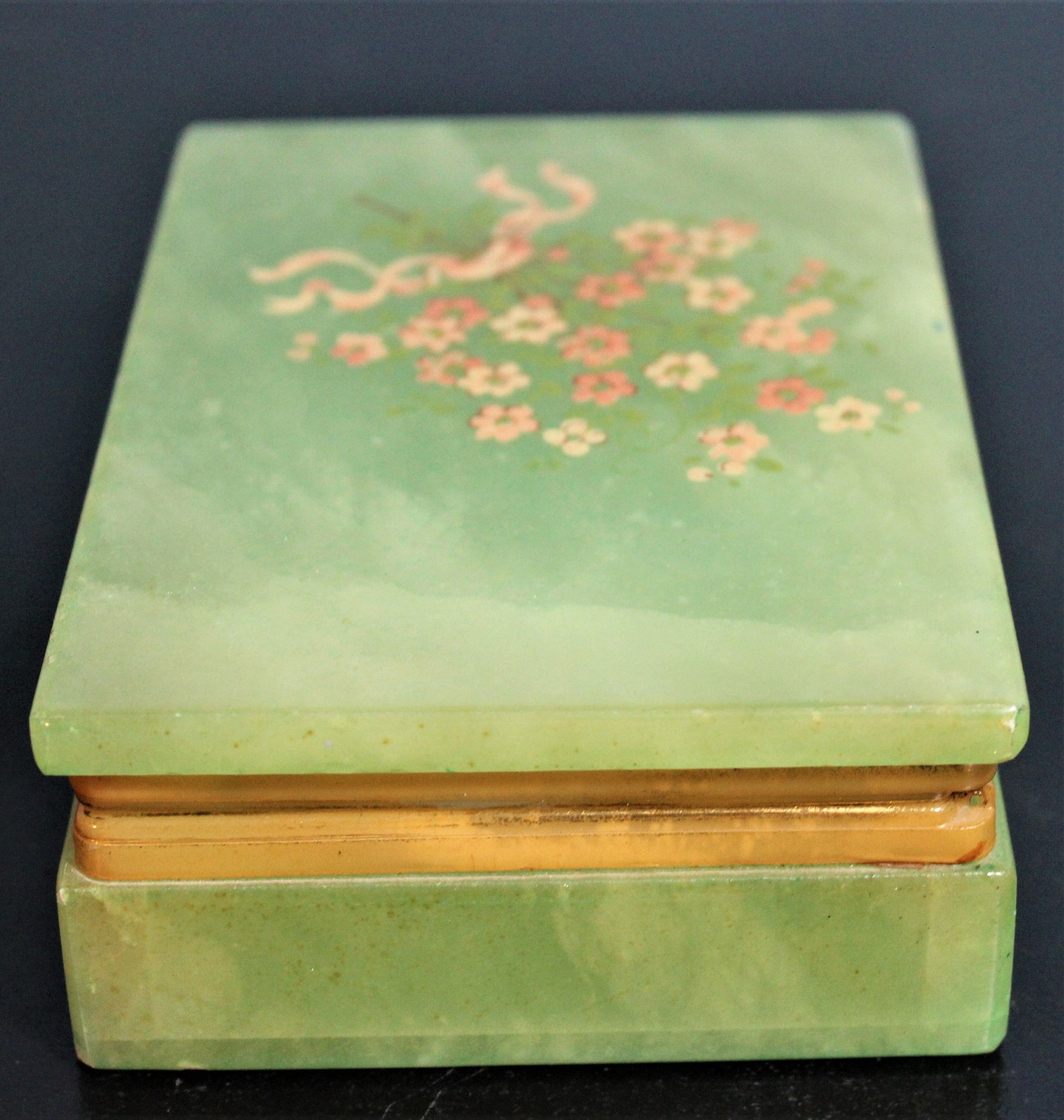 Green Marble Trinket Box with Brass Hinge and Delicate Flowers Etsy