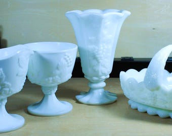 Westmoreland Milk Glass Grape Design Set: Creamer, Sugar, Vase, Basket