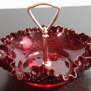 20Percent Off   Fenton Dark Red Ruffled Candy Dish with Metal Handle