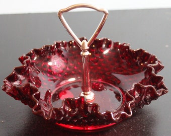 Fenton Dark Red Ruffled Candy Dish with Metal Handle