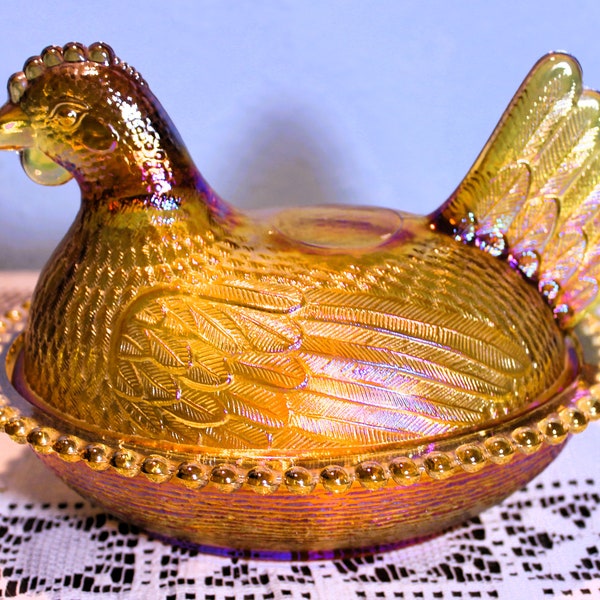 Golden Sunshine Carnival Glass Hen on a Basket