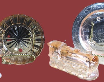 Four Piece Pink Glass Candy Dishes, Train Engine, Boot