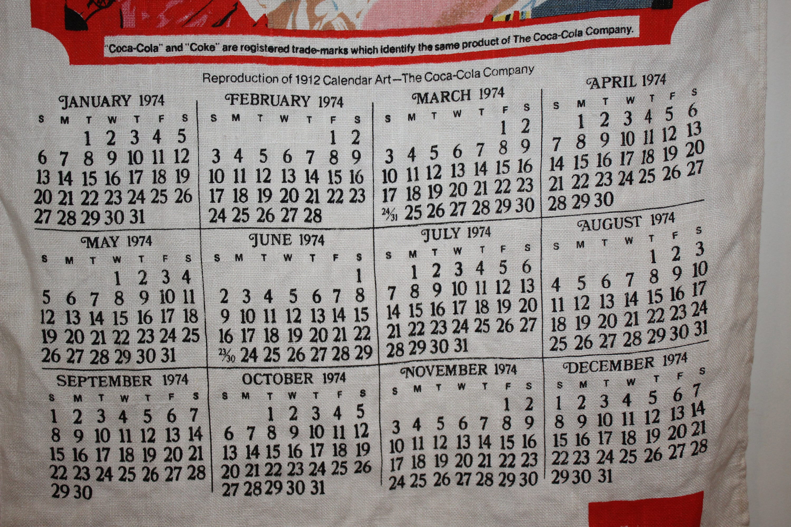 Vintage Cloth Coca Cola Calendar 1974 - Etsy